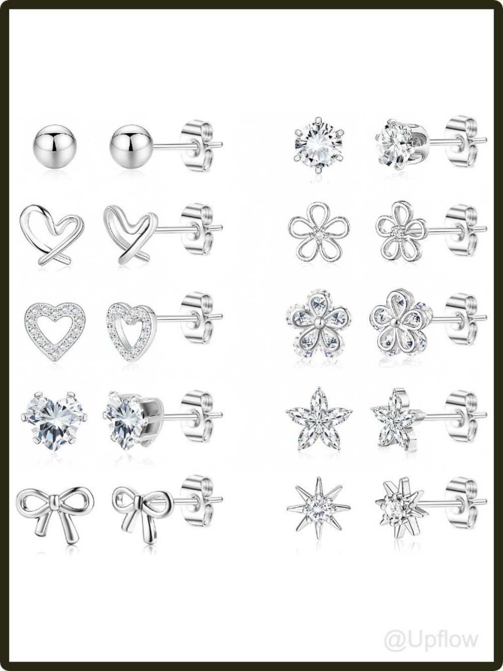 Women's Stainless Steel Hypoallergenic Stud Earrings Set 10 Pairs Cubic Zirconia
